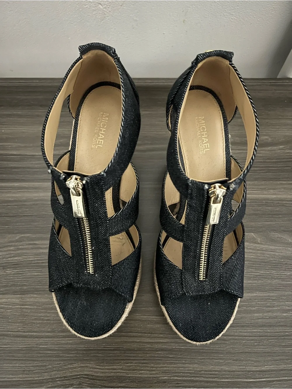 Michael Kors Blue/Denim Color Espadrille Wedge Sandals with Front Zip Accent